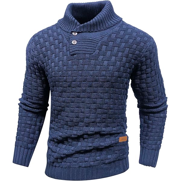 SAVKOOV Men's Shawl Collar Pullover Sweater Casual Button Cable